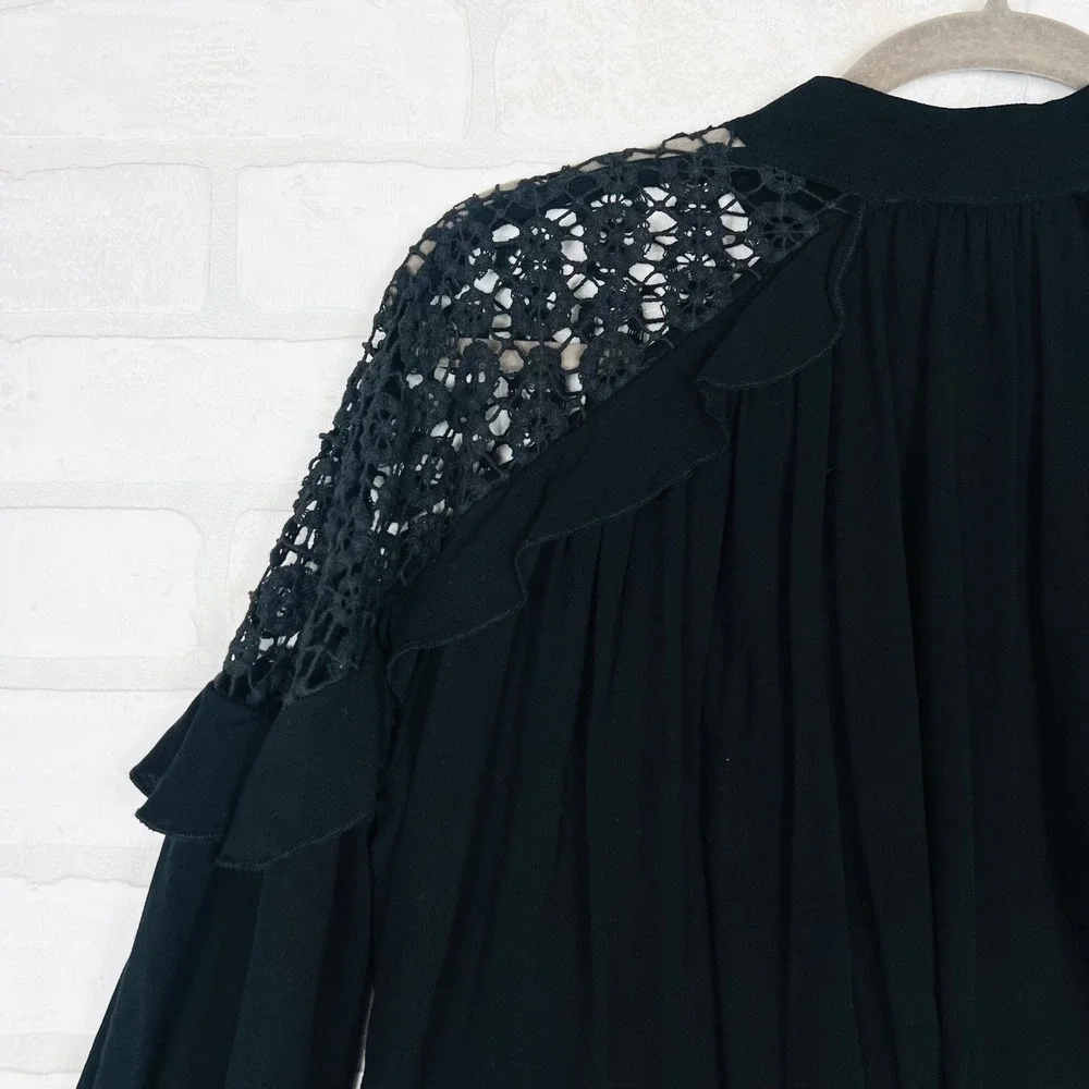 Free People Black Crochet Lace Ruffle Mock Neck Keyhole Blouse XS